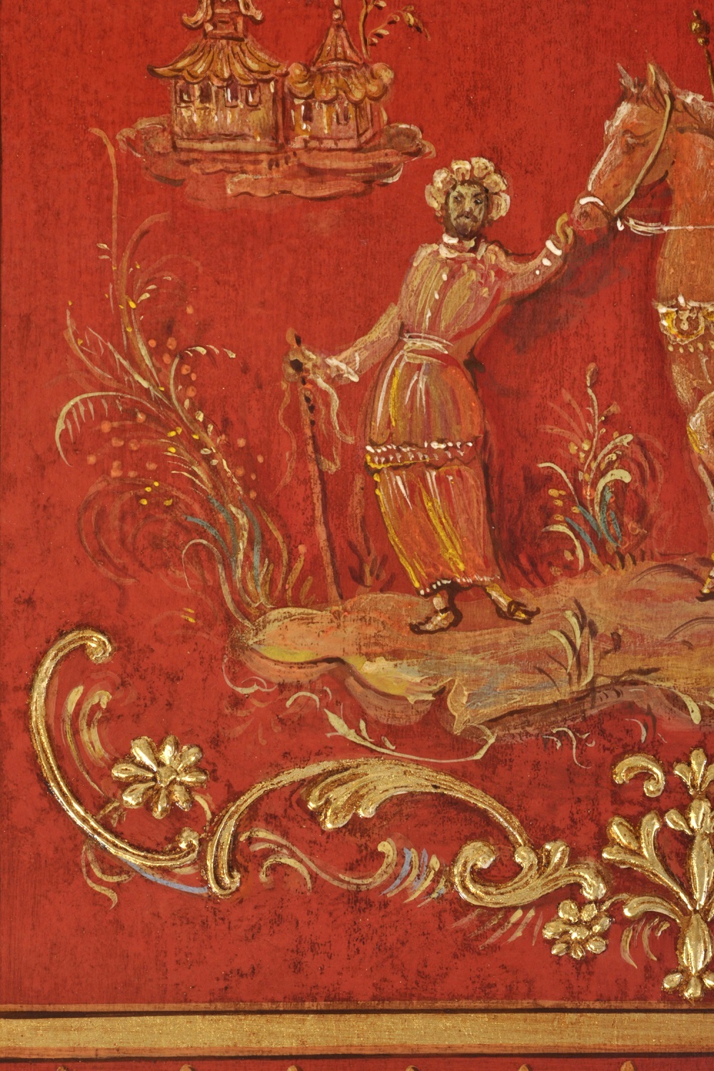 pregiata laccatura a cineserie realizzata su misura di produzione made in italy in stile 600 veneziano decori in pastiglia con soggetti di vita orientale lussuoso riproduzione artigianale del trumeau