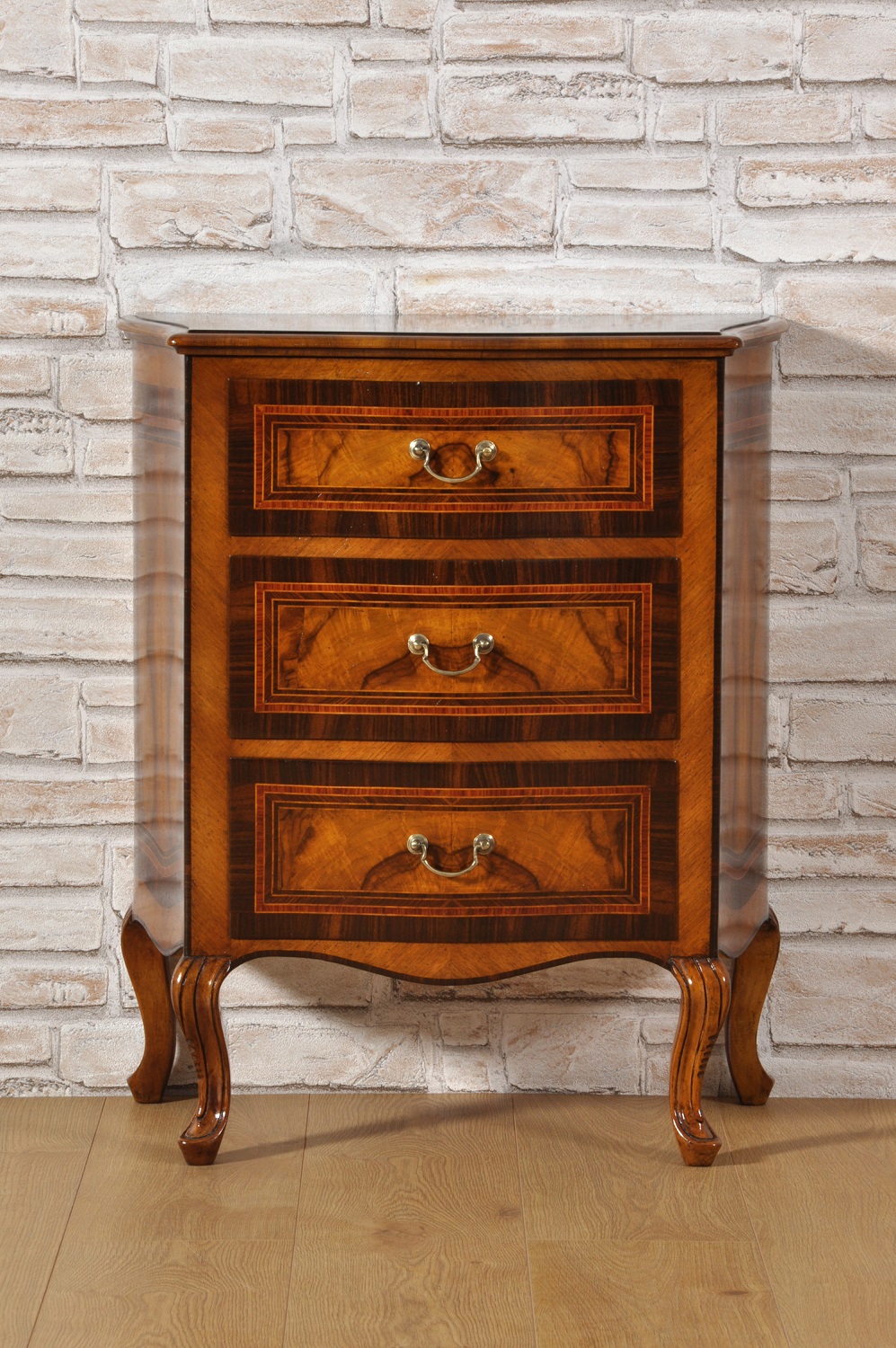 inlaid and shaped nightstand with carved legs in Lombard Venetian style, luxurious handmade custom made in Italy furniture, hand-polished with natural shellac and beeswax products