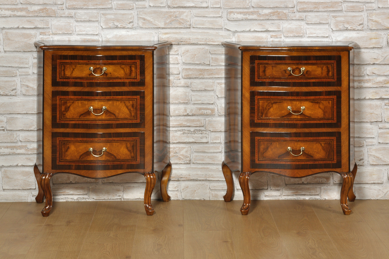 exclusive and precious pair of handmade inlaid walnut bedside cabinets with 3 drawers, luxury Italian made in Italy